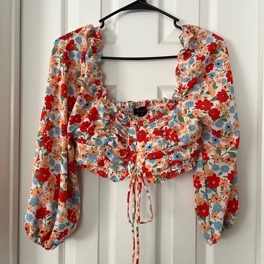 Fiesta Floral Ruffle Blouse - Red and Blue